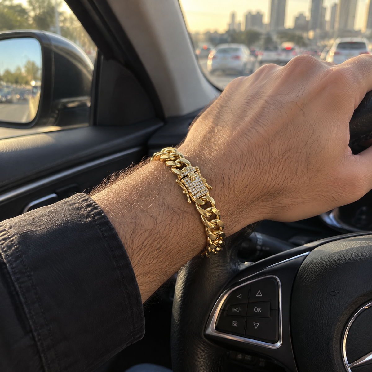 צמיד קובני לגבר גולדפילד משובץ זרקונים · 10 מ״מ · 21 ס״מ, מבט מזווית נוספת | צמידים לגברים