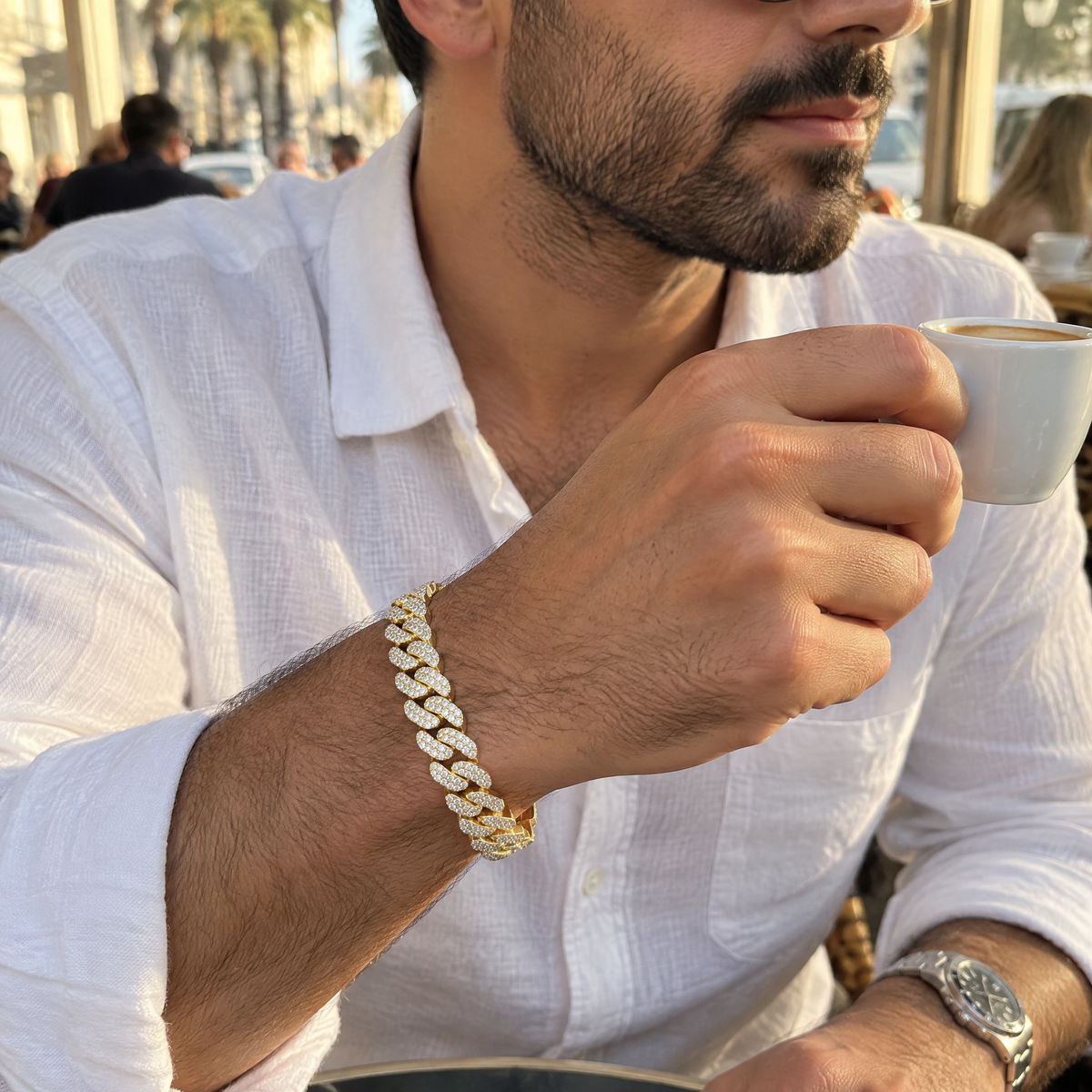 צמיד קובני לגבר גולדפילד 14K משובץ זרקונים לבנים · 12 מ״מ · 19 ס״מ · דגם 0006, תצוגה ראשית | צמידים לגברים