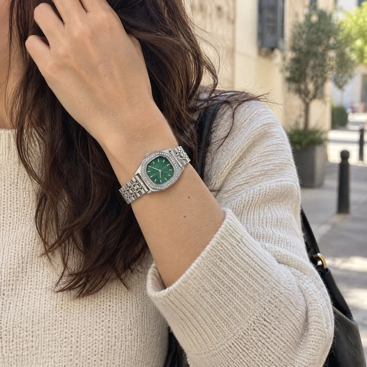 שעון נשים ABIU · כסף · לוח ירוק · מסגרת משובצת, מבט מזווית נוספת | שעוני נשים